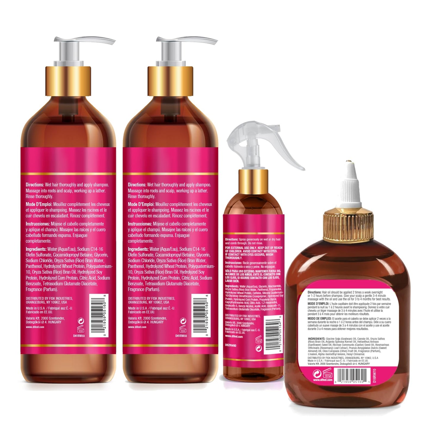 Difeel Rice Water Hair Care 4PC Shampoo & Conditioner Deep Conditioning Set - Includes 33.8oz Shampoo, 33.8oz Conditioner, 8oz Leave in & 7.1oz Hair