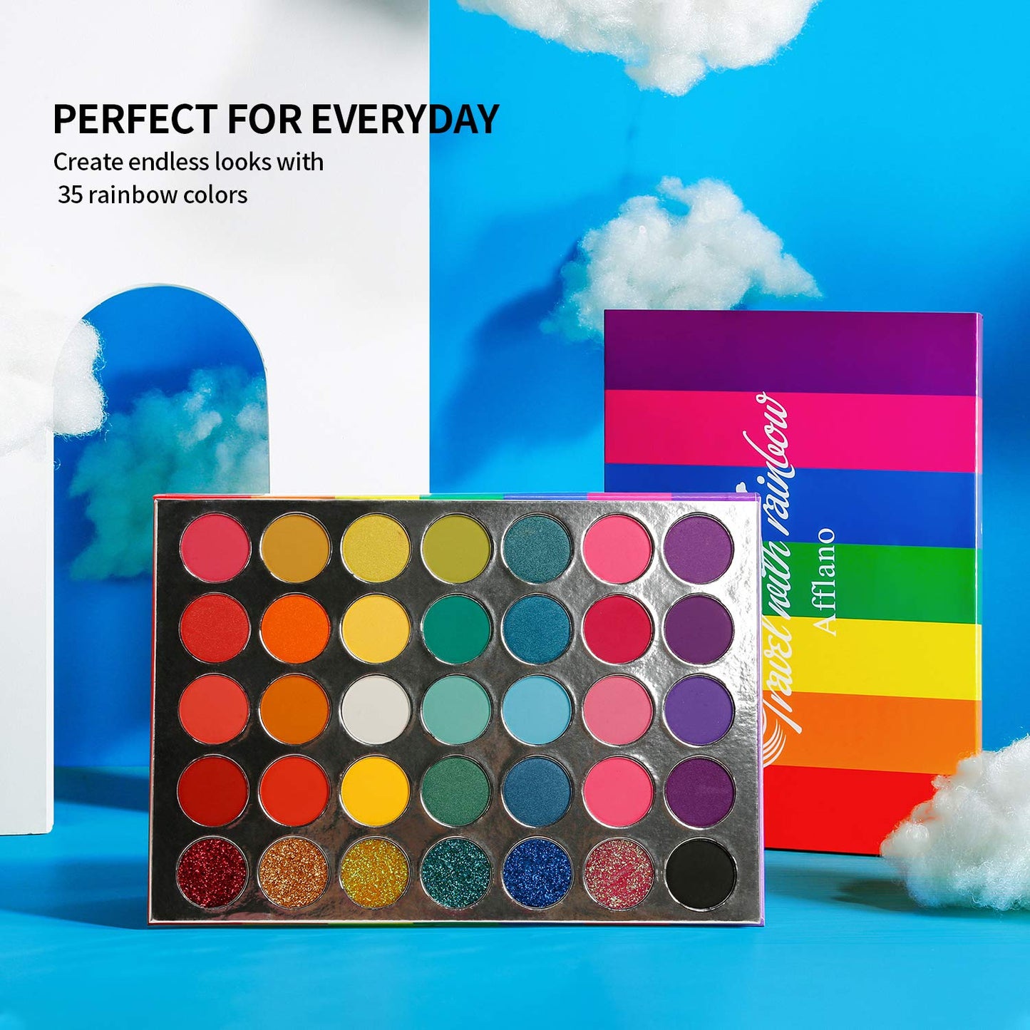 Afflano Rainbow Eyeshadow Palette Matte Shimmer Pressed Glitter, Pigmented Colorful Eye Shadow Pallets, Pink Red Orange Yellow Green Blue Purple 35