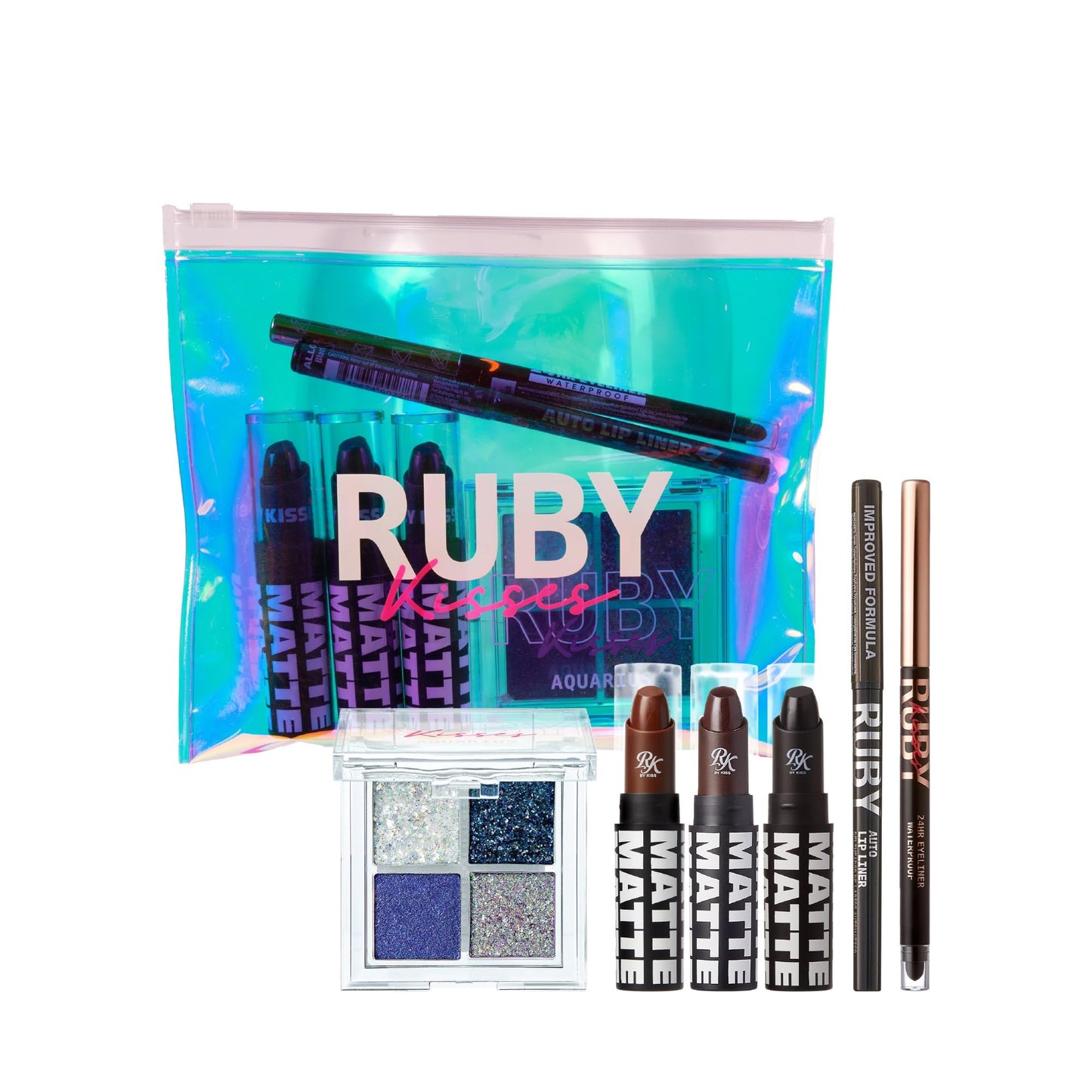 Ruby Kisses Limited Edition Bold Makeup Kit - 3 Mattest Matte Lipsticks, Glitter Gem Palette, Waterproof Eyeliner, Auto Lip Liner & Holographic Pouch