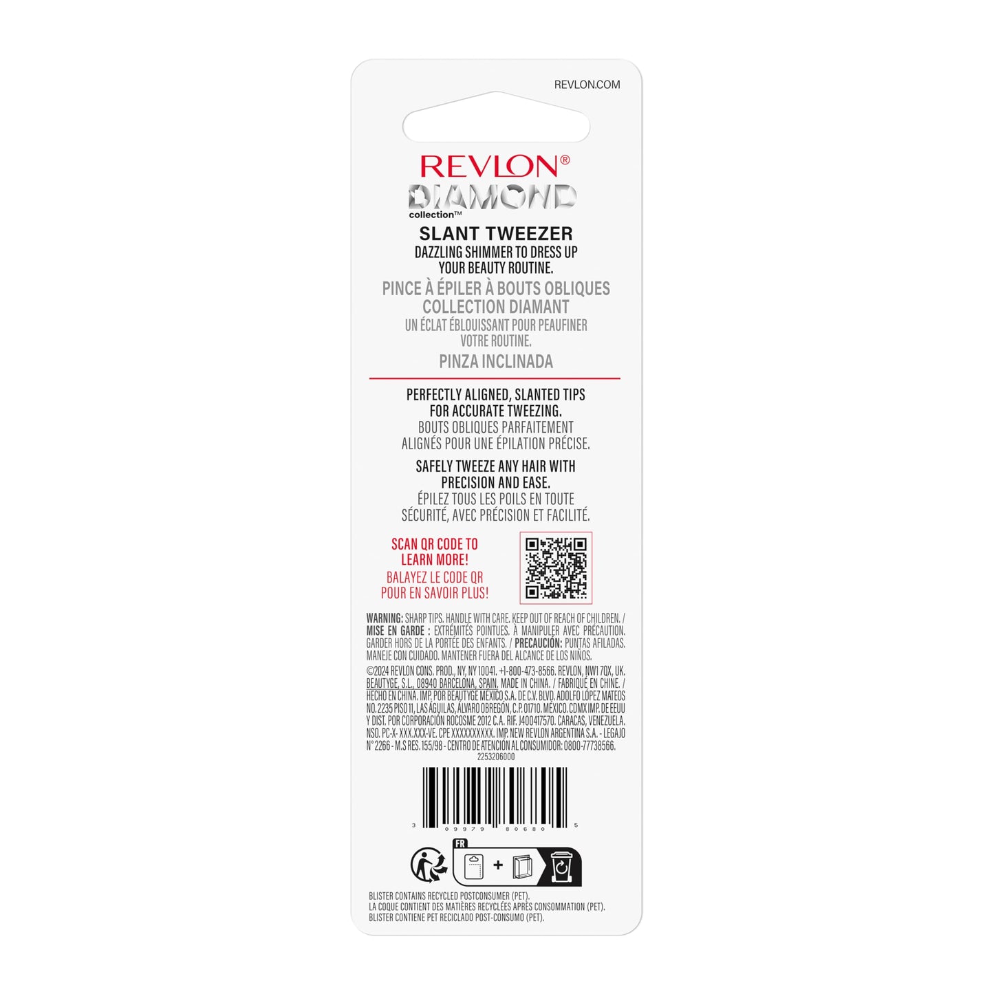 Revlon Diamond Collection Slanted Tip Tweezers, Ultra-Sharp for Precision Eyebrow Shaping and Facial Hair Removal, Stocking Stuffer for Women, 1 count