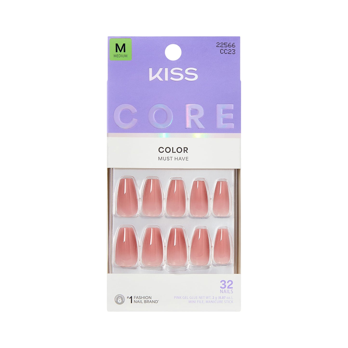 Kiss Core, Press On Nails, Nail glue included, 'Jubilation', Pink, Medium Size, Coffin Shape, Includes 32 Nails, 2g Glue, 1 Manicure Stick, 1 Mini Beauty & Personal Care KISS