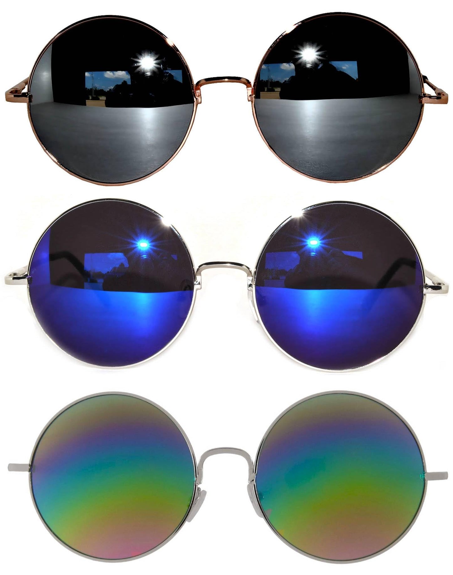 OWL Oversized Round Hippie Sunglasses, Metal Frame, UV 400, Circle Costume Glasses 3 Pairs Variety Pack