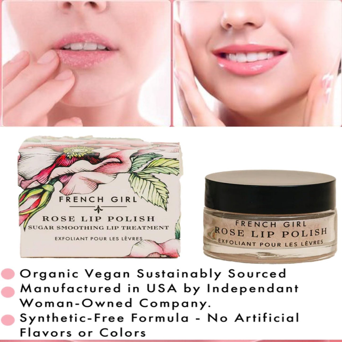 French Girl Rose Lip Scrub - Organic Sugar Scrub For Lips, Hydrating Lip Exfoliator & Moisturizer with Shea Butter & Essential Oils, Treatment for Dry