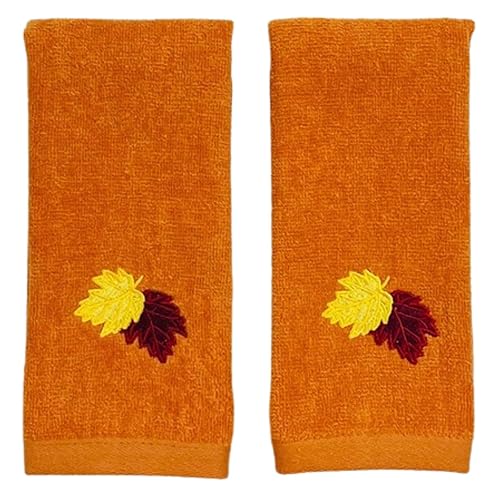 Fall Bathroom Leaf Fingertip Towels: Embroidered Gold Burgundy Leaves on Rust Orange, 2 Piece Bath Set, 12 x 18 Inches Each