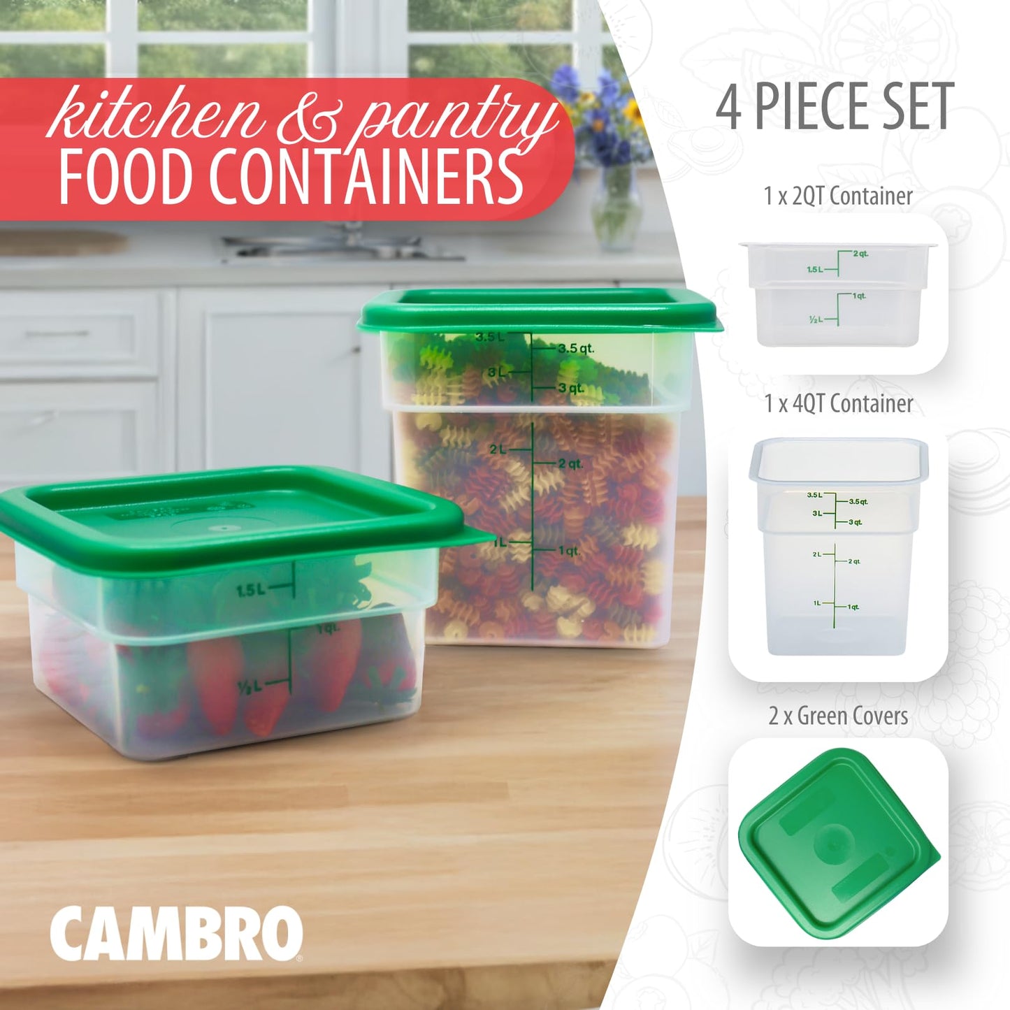 Cambro Food Storage Container with Lid (Microwave Safe and BPA-Free) - 2 Pack - Classic Series Square with Green Lid - 2 and 4 QT (Quart)…