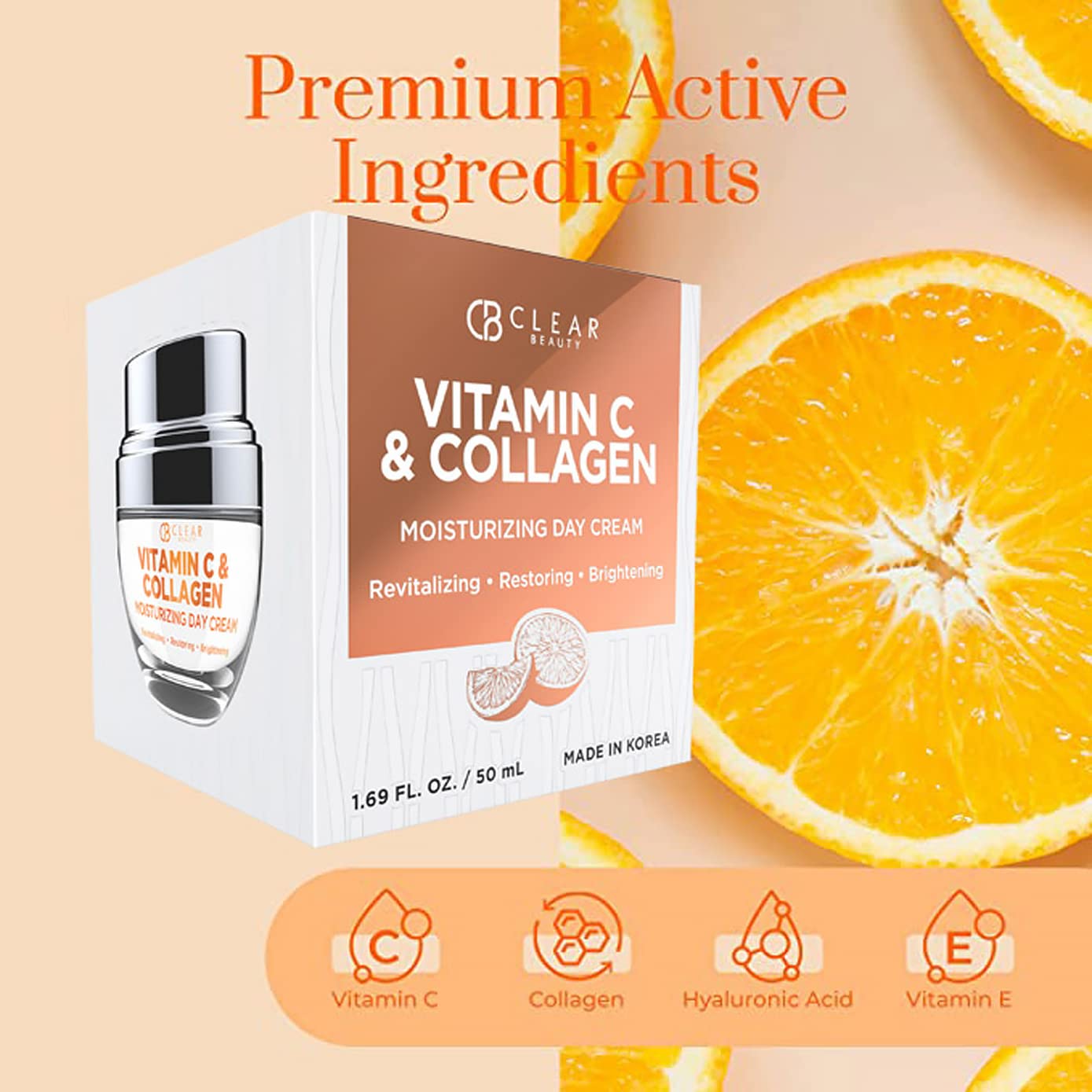 Clear Beauty Vitamin C & Collagen Face Moisturizer - Anti Aging Day Cream, Hydrates, Firms & Revives Dull, Tired Skin - Dermatologist Tested, Korean
