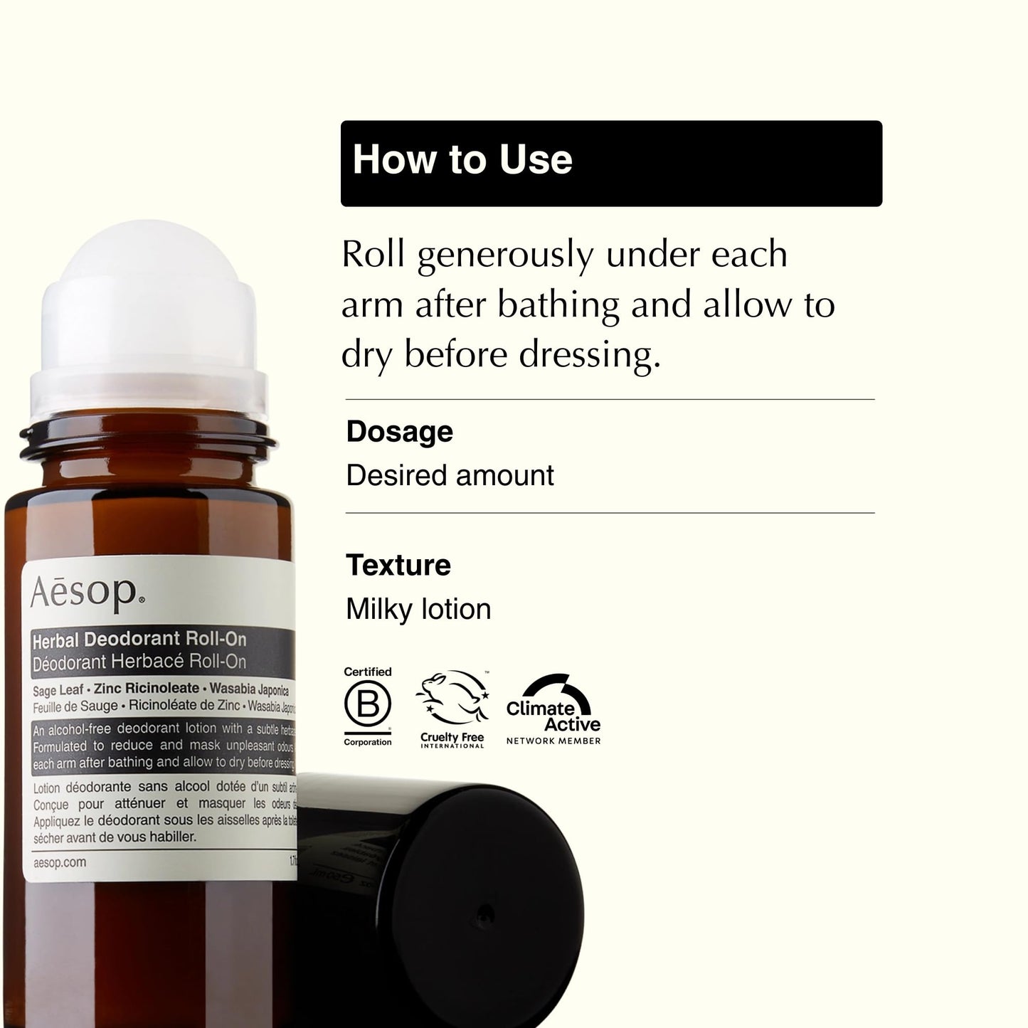 Aesop Aluminum Free Herbal Deodorant Roll On for Women & Men - Sage Leaf & Zinc Reduces Odor & Bacteria, Witch Hazel Soothes Skin - Alcohol-Free Beauty and Personal Care Aesop