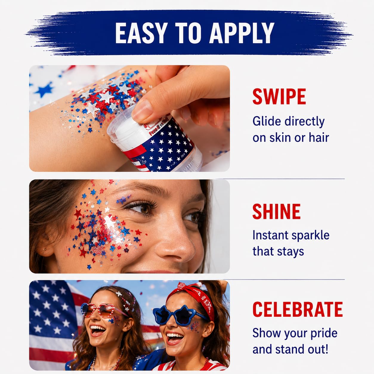 Patriotic Glitter Stick for Face Hair & Body, Red White Blue Star Glitter Makeup, 4th of July Accessories for Women, Football Game Day Face Glitter
