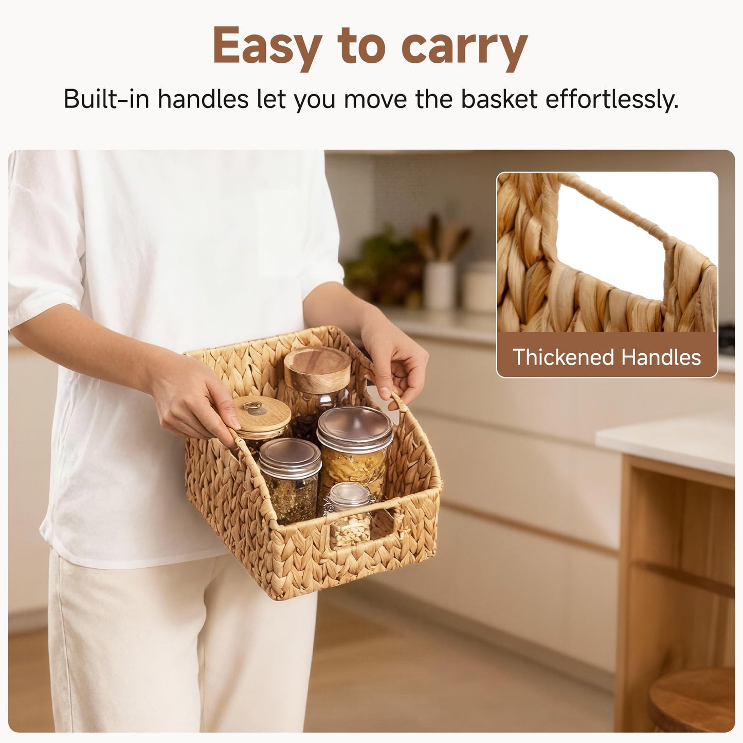 StorageWorks Pantry Baskets for Organizing, Wicker Basket with Built-in Handles, Handwoven Wicker Storage Baskets, Water Hyacinth for Shelves, 2 Pack