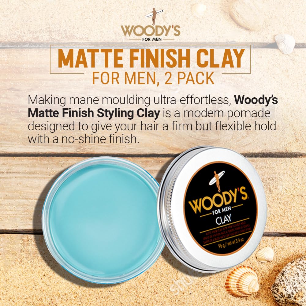 Woody's Hair Clay for Men - Matte Finish, Styling Pomade for Men Stronghold, Firm and Flexible Control, 3.4 oz. 2-Pack