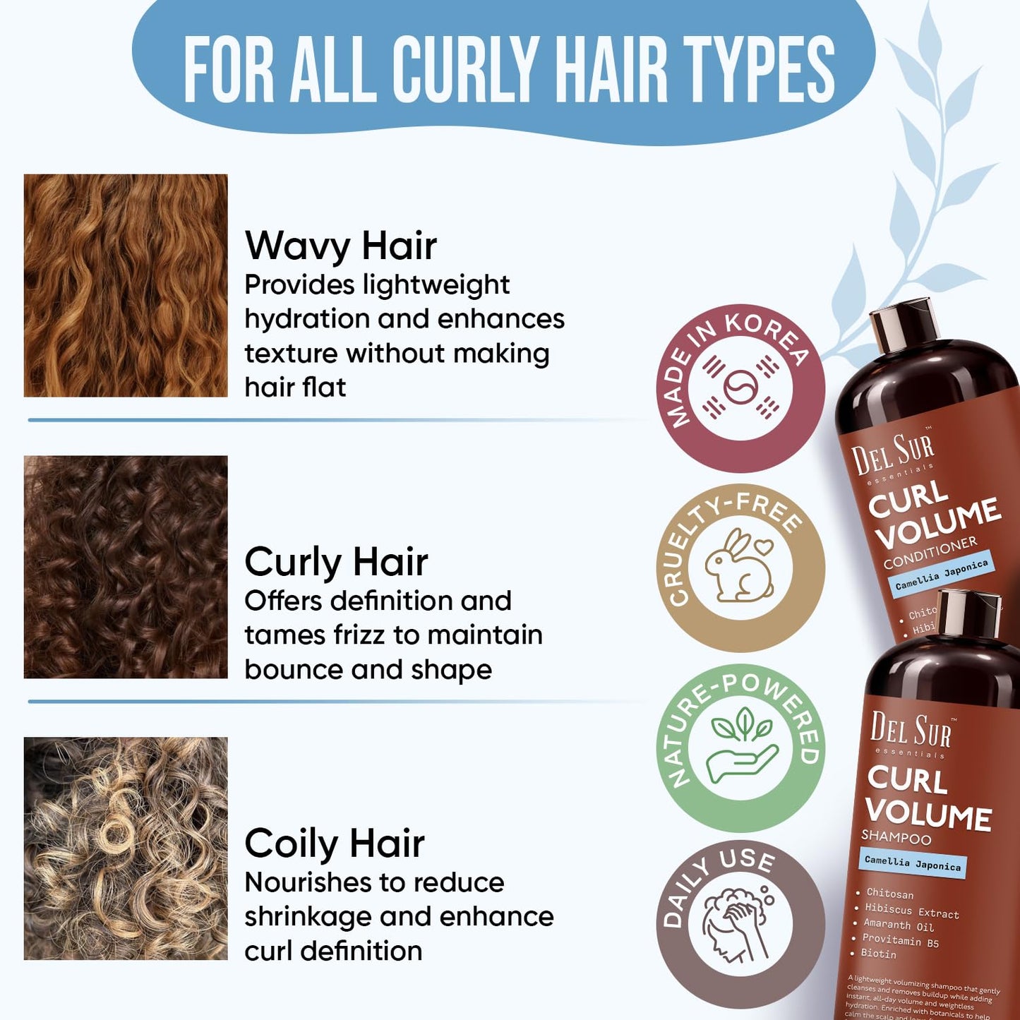 DEL SUR Curly Hair Shampoo and Conditioner Set | Curl Defining, Volume & Hydration | 16 fl oz Each | with Camellia Japonica, Hibiscus & Amaranth Oil |