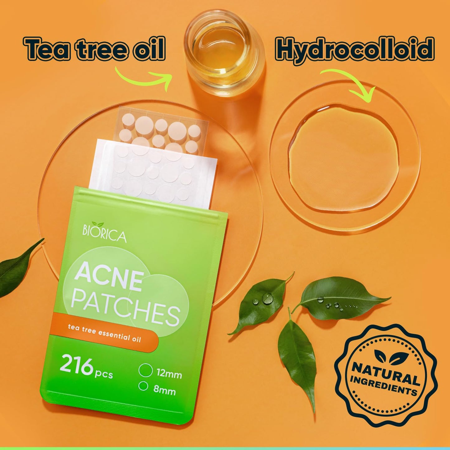 BIORICA Pimple Patches for Face with Tea Tree Oil 216 pcs. Hydrocolloid Acne Pimple Patches. Blemish Patches, Acne Dots, Pimple Stickers, Acne Patch