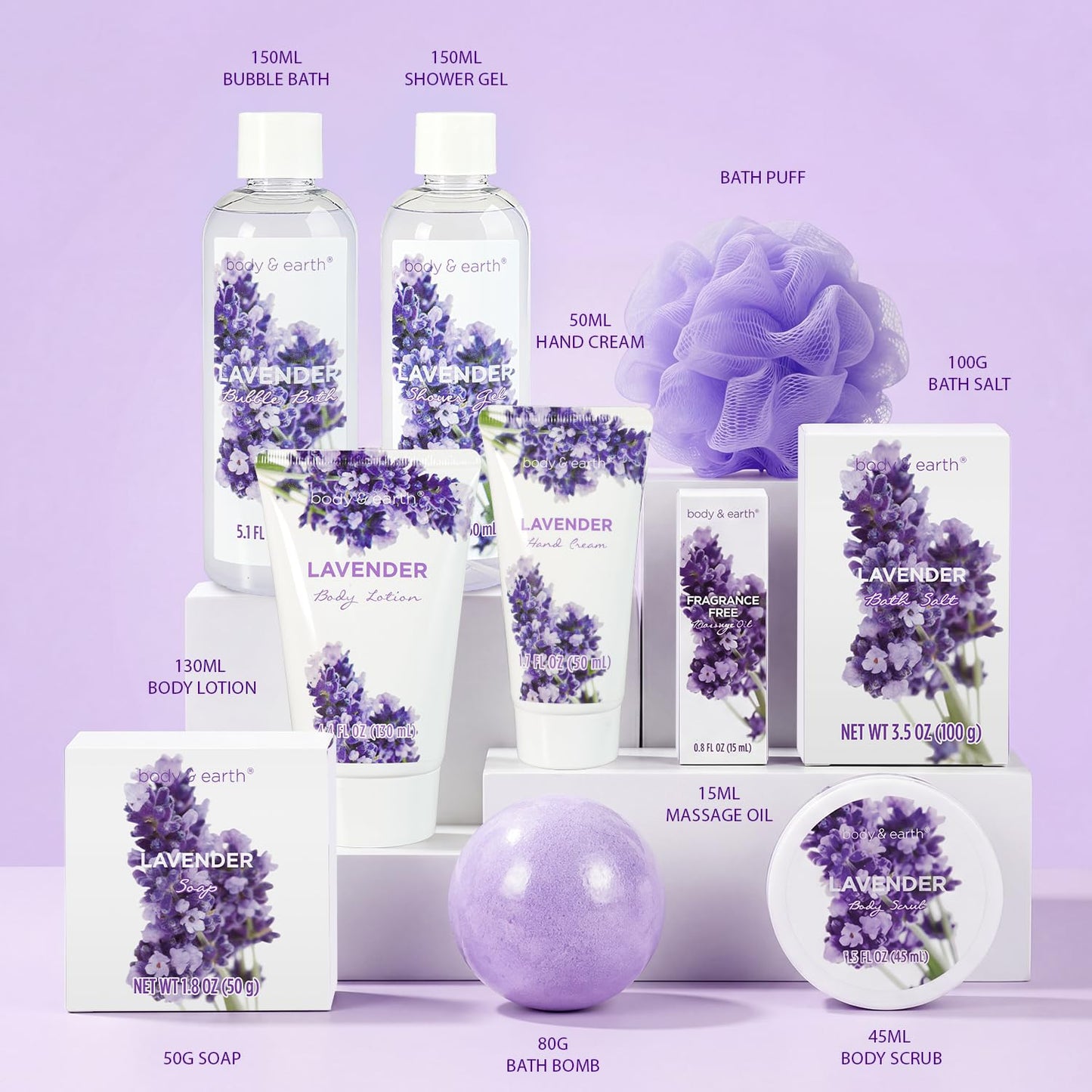 BODY & EARTH Spa Gift Baskets for Women 11pcs Lavender Gift Sets with Bubble Bath, Shower Gel, Body Lotion, Mom Birthday Gifts, Spa Kit, Purple Gift Beauty & Personal Care BODY & EARTH