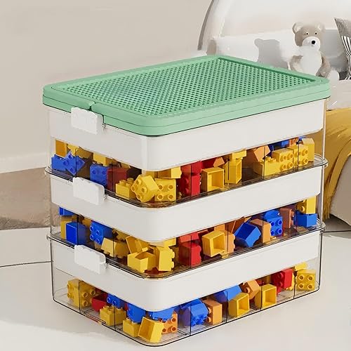 3-Tier Storage Box of Bricks for Lego, PP+ABS Stackable Organizer 14.17"×9.84"×12.01" with Lids, Green