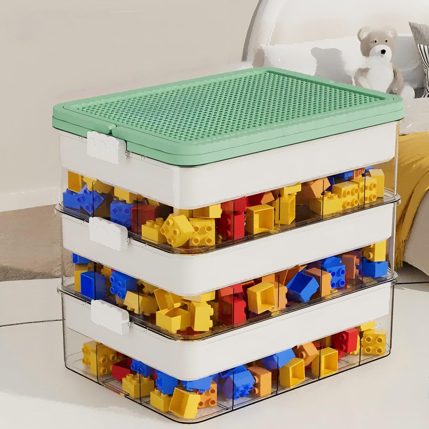 3-Tier Storage Box of Bricks for Lego, PP+ABS Stackable Organizer 14.17"×9.84"×12.01" with Lids, Green