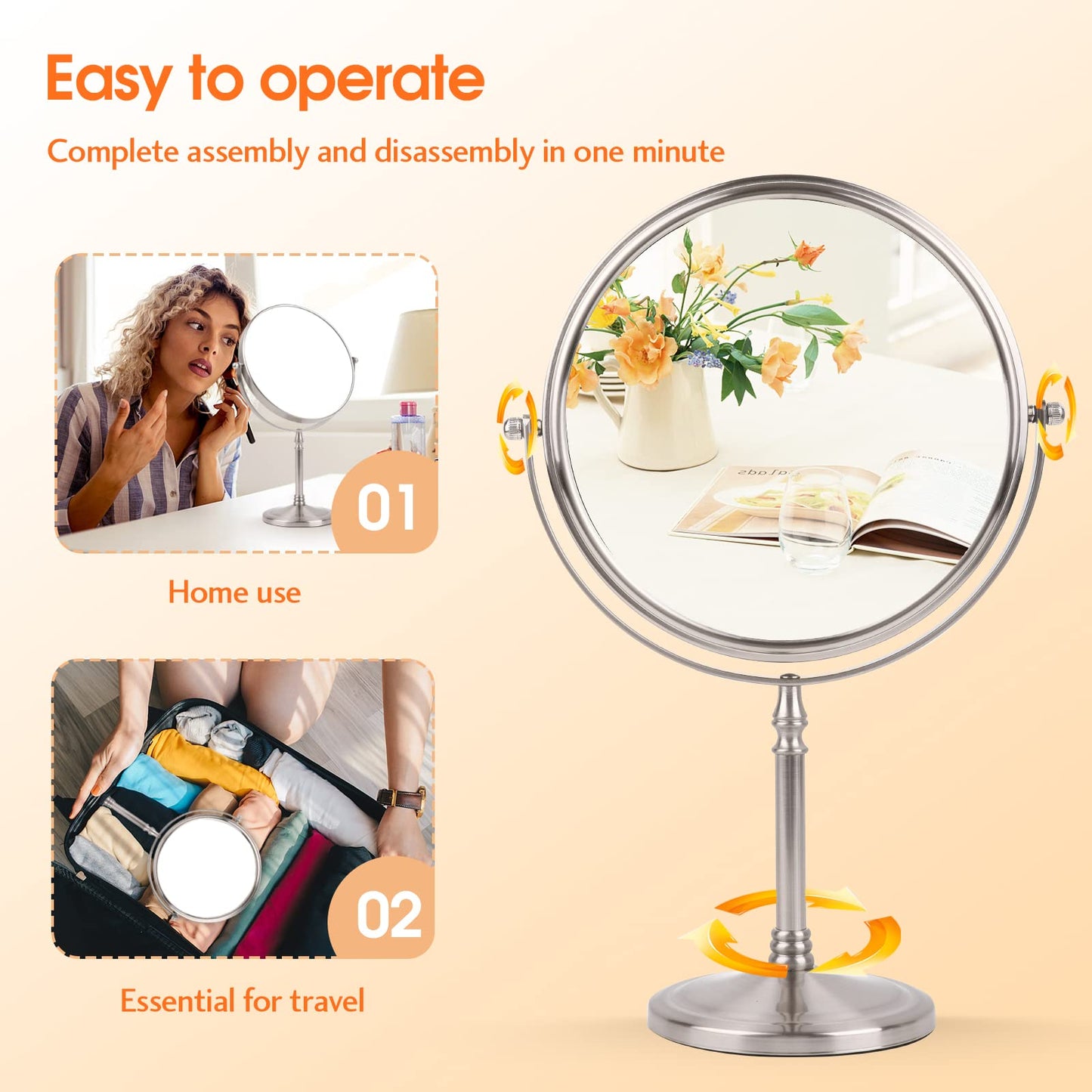 Ohotecy Makeup Mirror 8" Magnifying Mirror 1/10X Magnification, Large Table top Double-Sided Swivel Vanity Mirror Chrome Finish