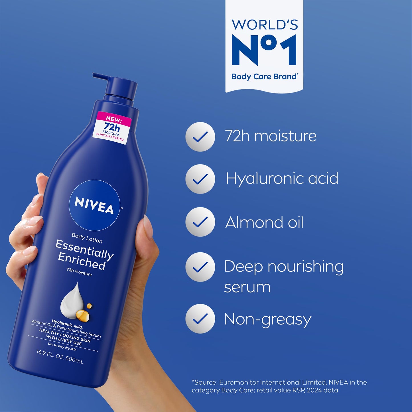NIVEA Essentially Enriched Body Lotion for Very Dry Skin with Hyaluronic Acid, Almond Oil and Deep Nourishing Serum, 72-Hour Body Moisturizer, 16.9 Fl