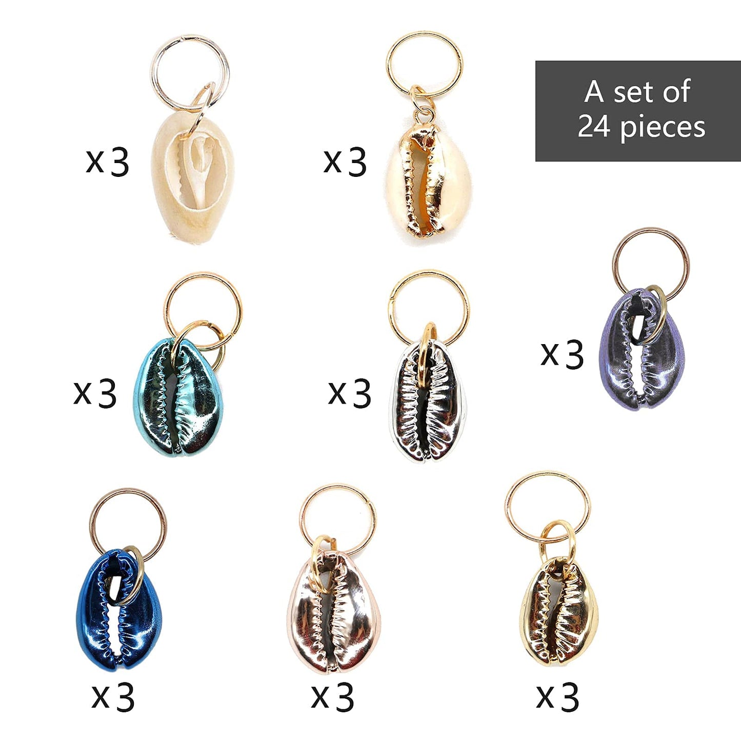 Dephnes 24 PCS Hair Jewelry for Women Braiding Hair Dreadlocks Ring Electroplated Shells Pendants Clips for DIY Shell Charms Hair Decorations