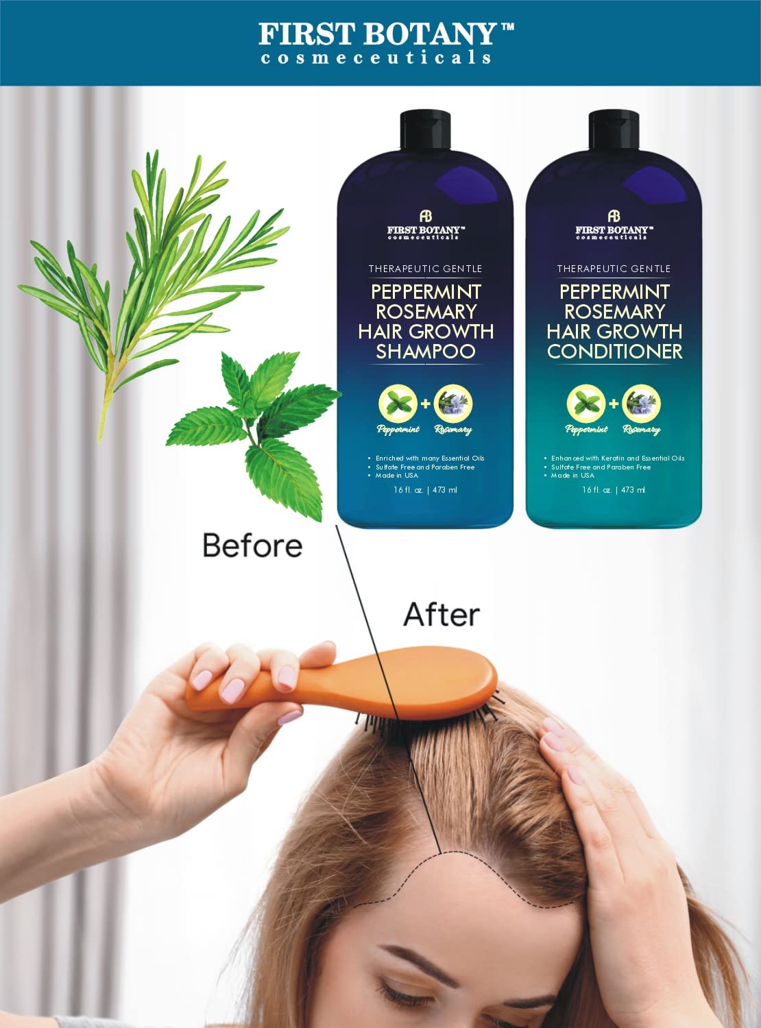 First Botany, Peppermint Rosemary Hair Regrowth and Anti Hair Loss Shampoo and Conditioner Set - Daily Hydrating, Detoxifying, Volumizing Shampoo