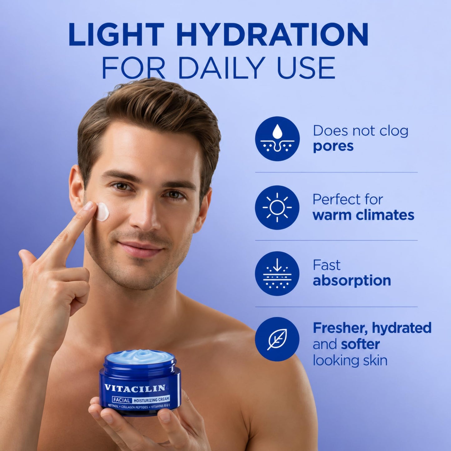 Vitacilin Facial Moisturizer with Retinol, Collagen Peptides & Vitamins B + E, 3.5 oz for All Skin Types