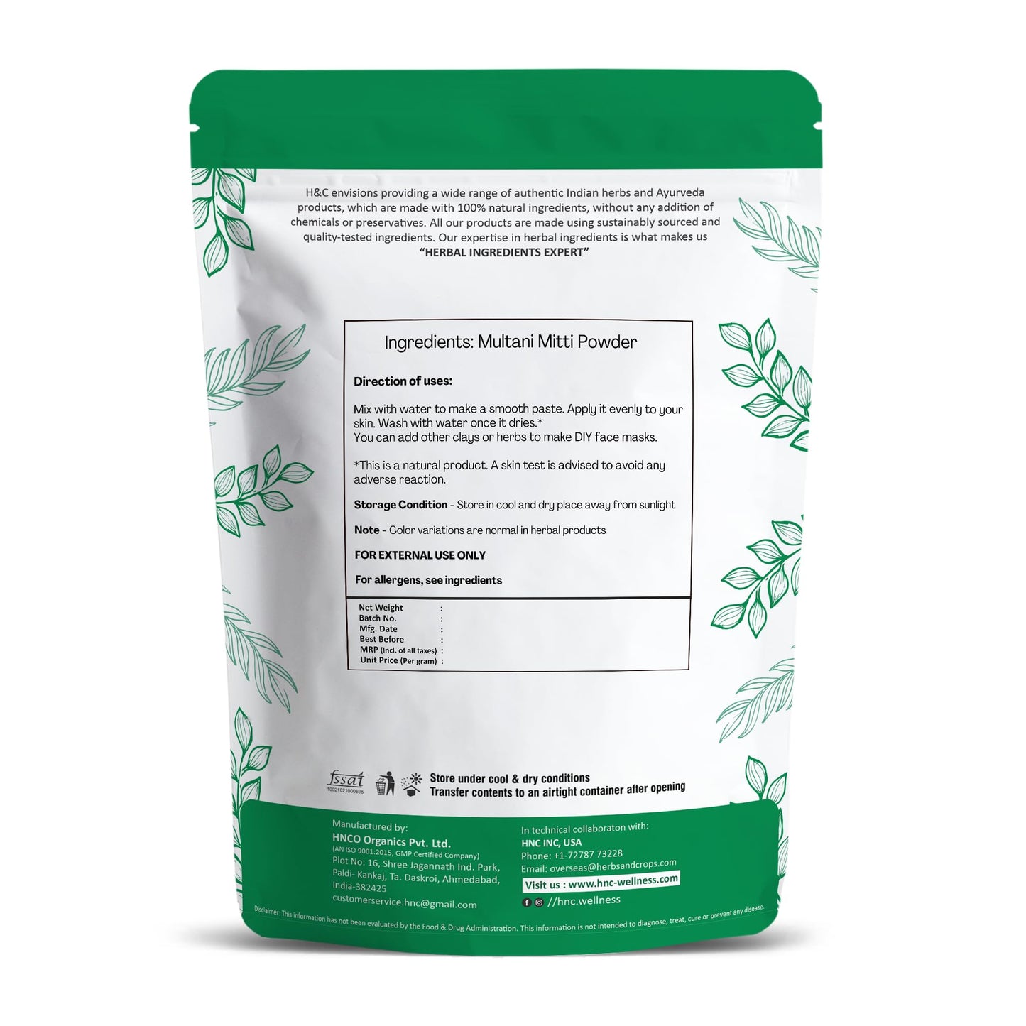 H&C Herbal Ingredients Expert 100% Pure Fuller's Earth Clay (Multani Mitti) - 1/2 lb / 227 gm | Exfoliates & Cleanse the Skin | Helps Removing Dead
