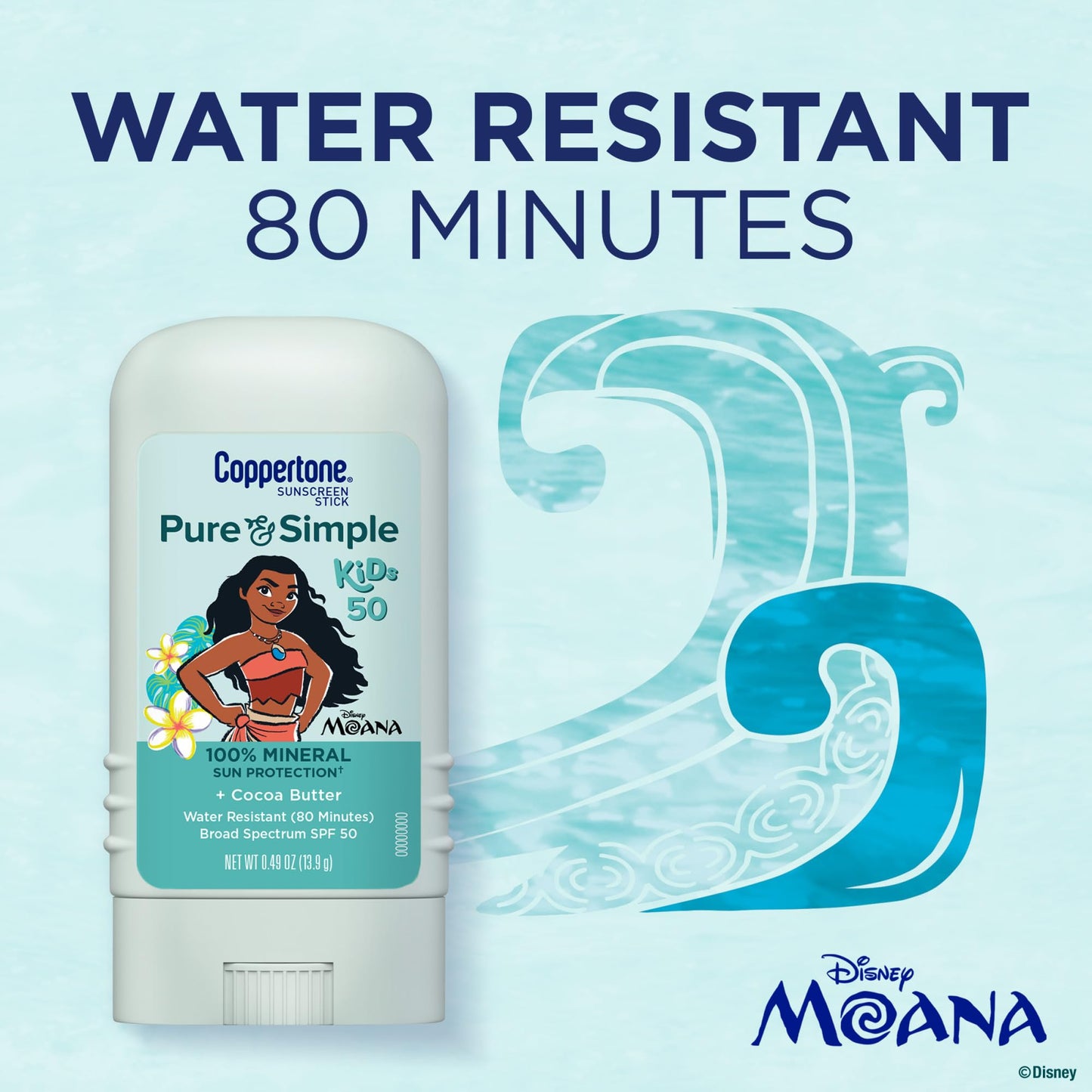 Coppertone Pure and Simple Kids Exclusive Disney Moana Sunscreen Stick SPF 50, Hypoallergenic, Mineral Sunscreen for Kids, Water Resistant, Oxybenzone
