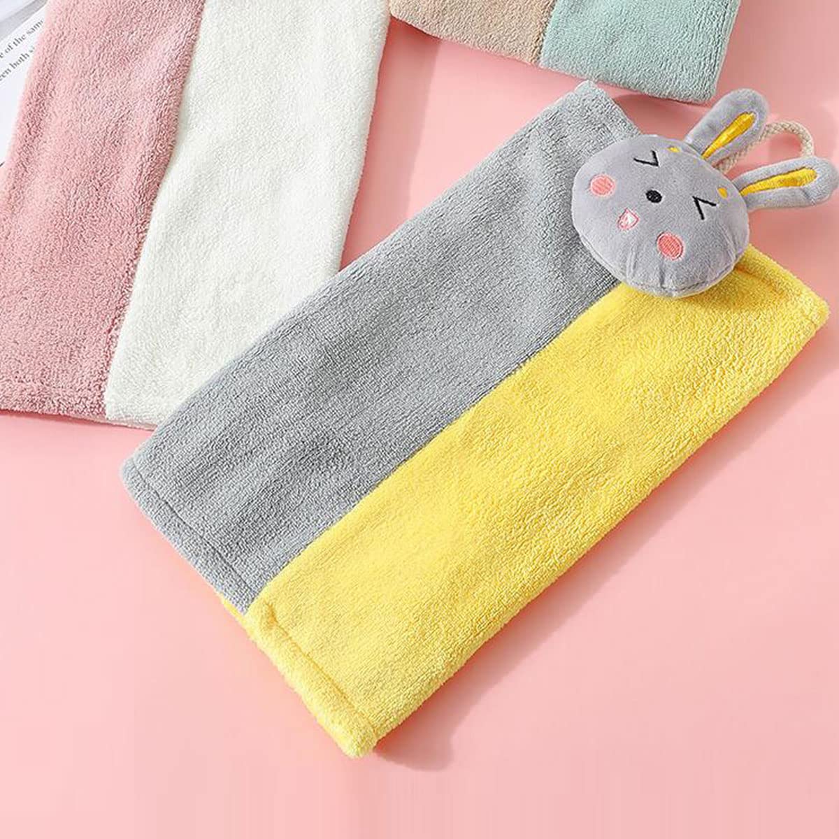 Ewanda 3 Pack Cute Rabbit Hand Towels with Hanging Loop, Kids Hanging Towels for Kitchen & Bathroom