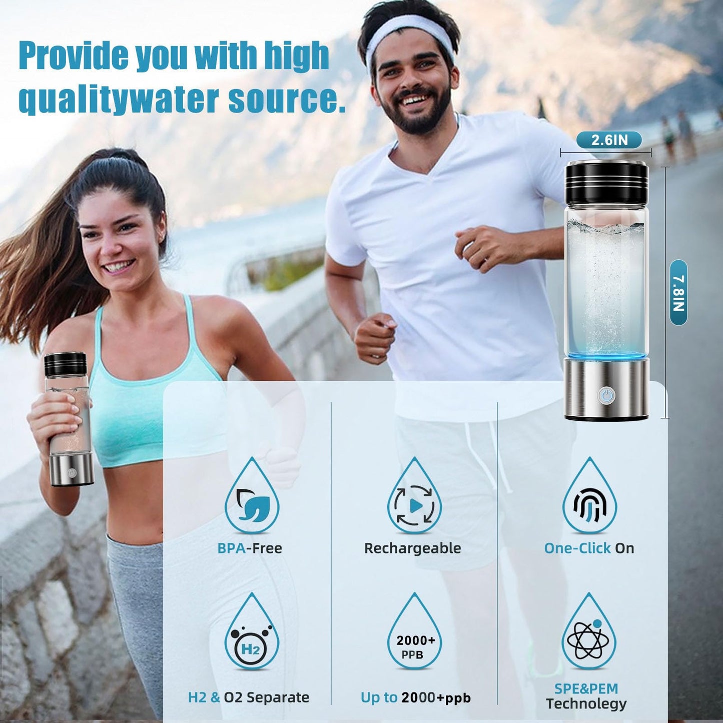 SignZap Hydrogen Water Bottle, 15oz Rechargeable Glass Hydrogen Water Bottle Generator,Produces 2000PPB antioxidant Hydrogen Water in 3 Minutes,Ideal