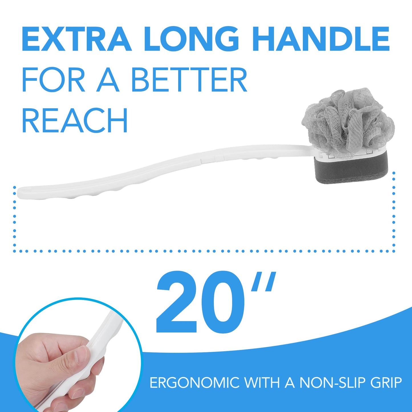 Impresa Extra Long Handle Shower Brush - Dual-Action Loofah & Exfoliating Sponge Body Scrubber - Ergonomic Grip Back Scrub Brush - Replacement Loofah