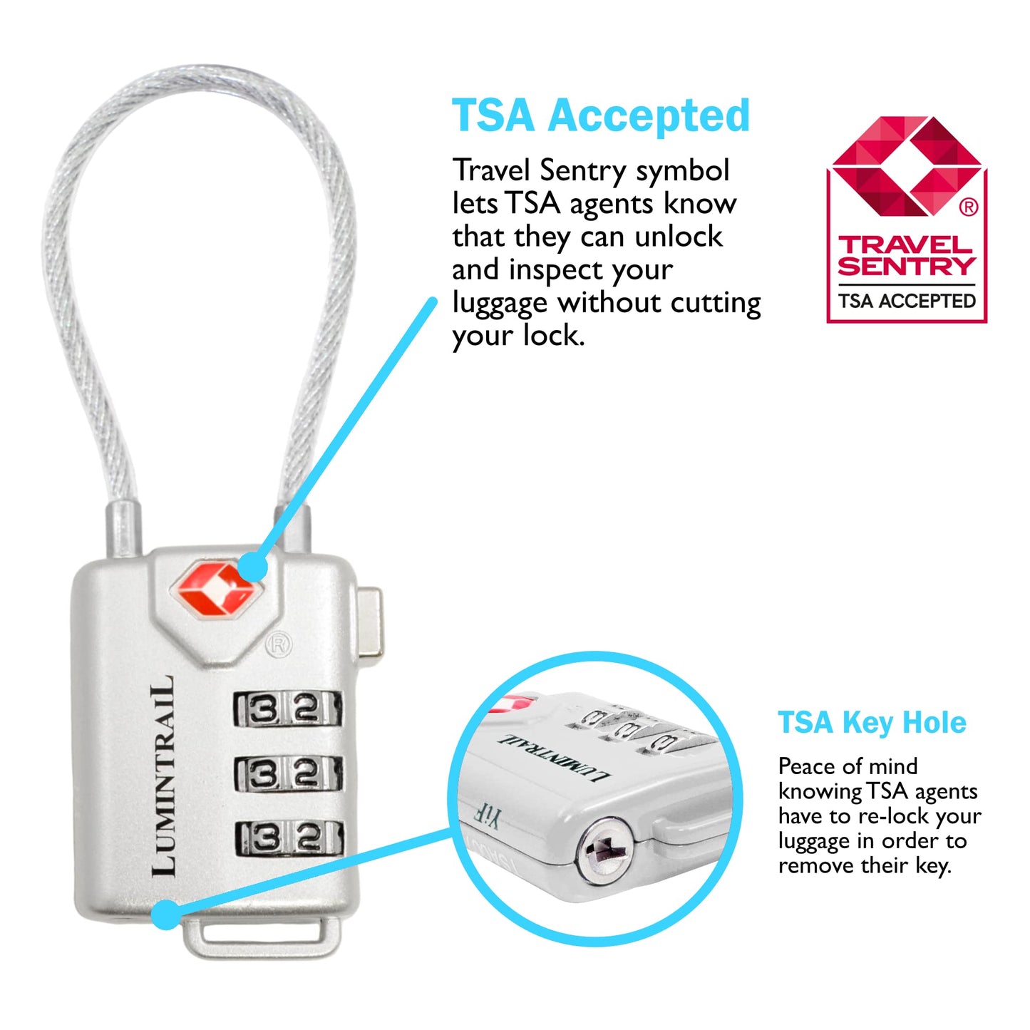Lumintrail TSA Approved Luggage Lock – 3-Digit Personalized Combination with 4-FT Braided Steel Cable, Metal Travel Suitcase Lock (Silver, 1 Pack)