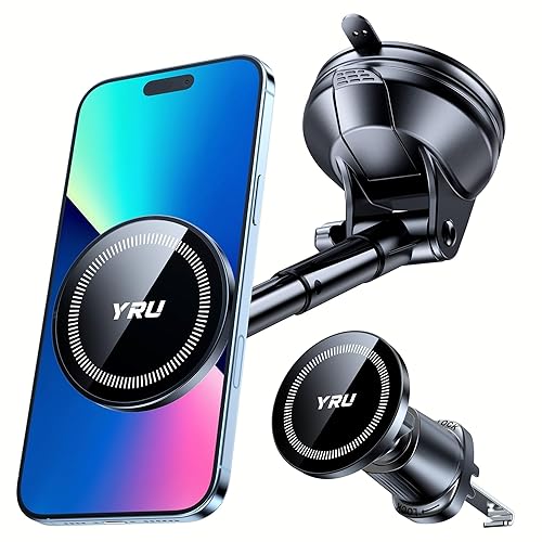 YRU Upgraded Magnetic Phone Holder for Car【Patented & Super Magnet】 for MagSafe Car Mount Dashboard Magnet Phone Holder Windshield Phone Stand…