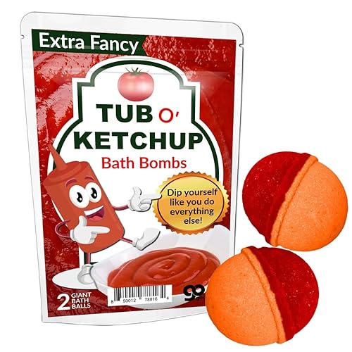 Tub O Ketchup Bath Bombs - Funny Ketchup Colored Bath Balls for Men - XL Black Cherry Bath Fizzers, Handcrafted, Made in America, 2 Count
