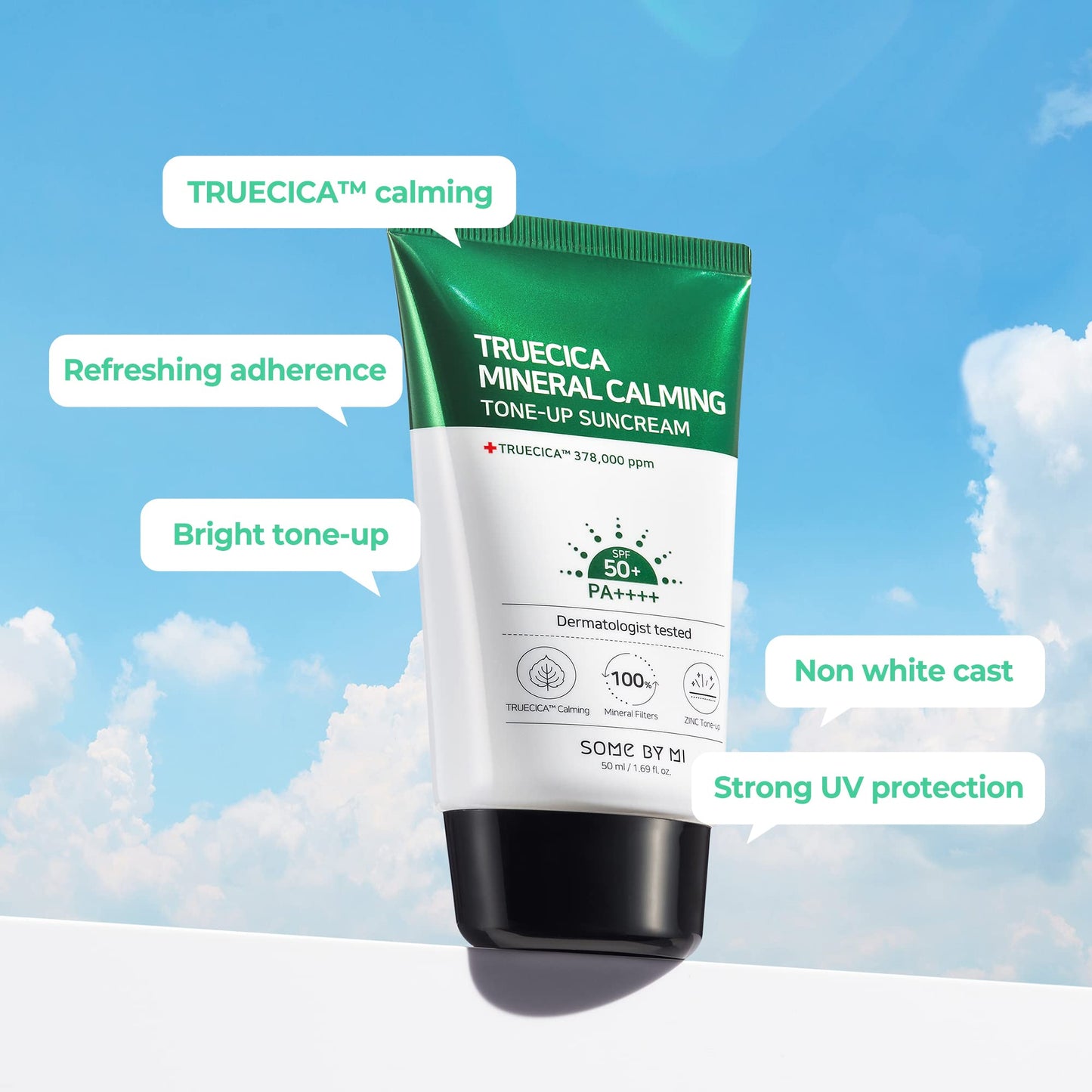 SOME BY MI Truecica Mineral Calming Tone-Up Suncream / SPF50+, PA++++ / 1.69Oz, 50ml / Brightening and Calming Effect/Mild Sun and UV Protection