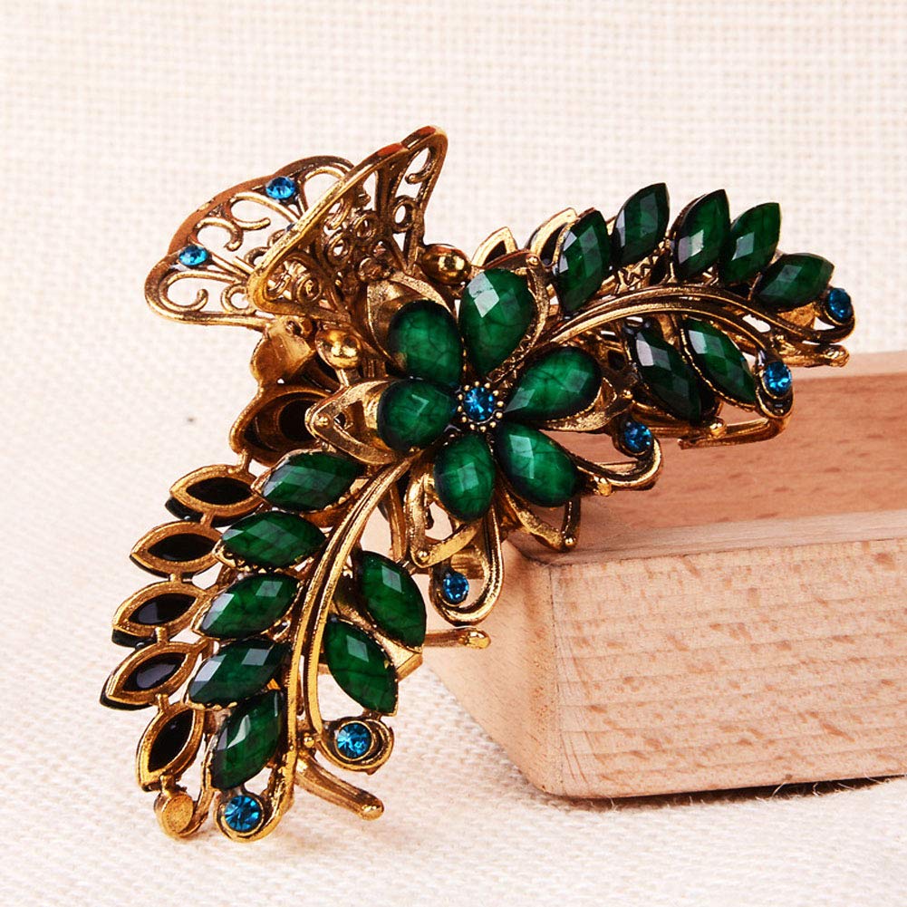 Large Metal Rhinestone Alloy Hair Claw Jaw Clip Retro Flowers Hair Clip Fancy Hair Barrette Clamp for Women and Girls Thick Hair (Green)