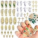 San Judas Virgin Mary Cross 3D Nail Charms Angel Gold Alloy Metal Rhinestones for Acrylic Nail Art Religious Gems Jewels Vintage Manicure Accessories