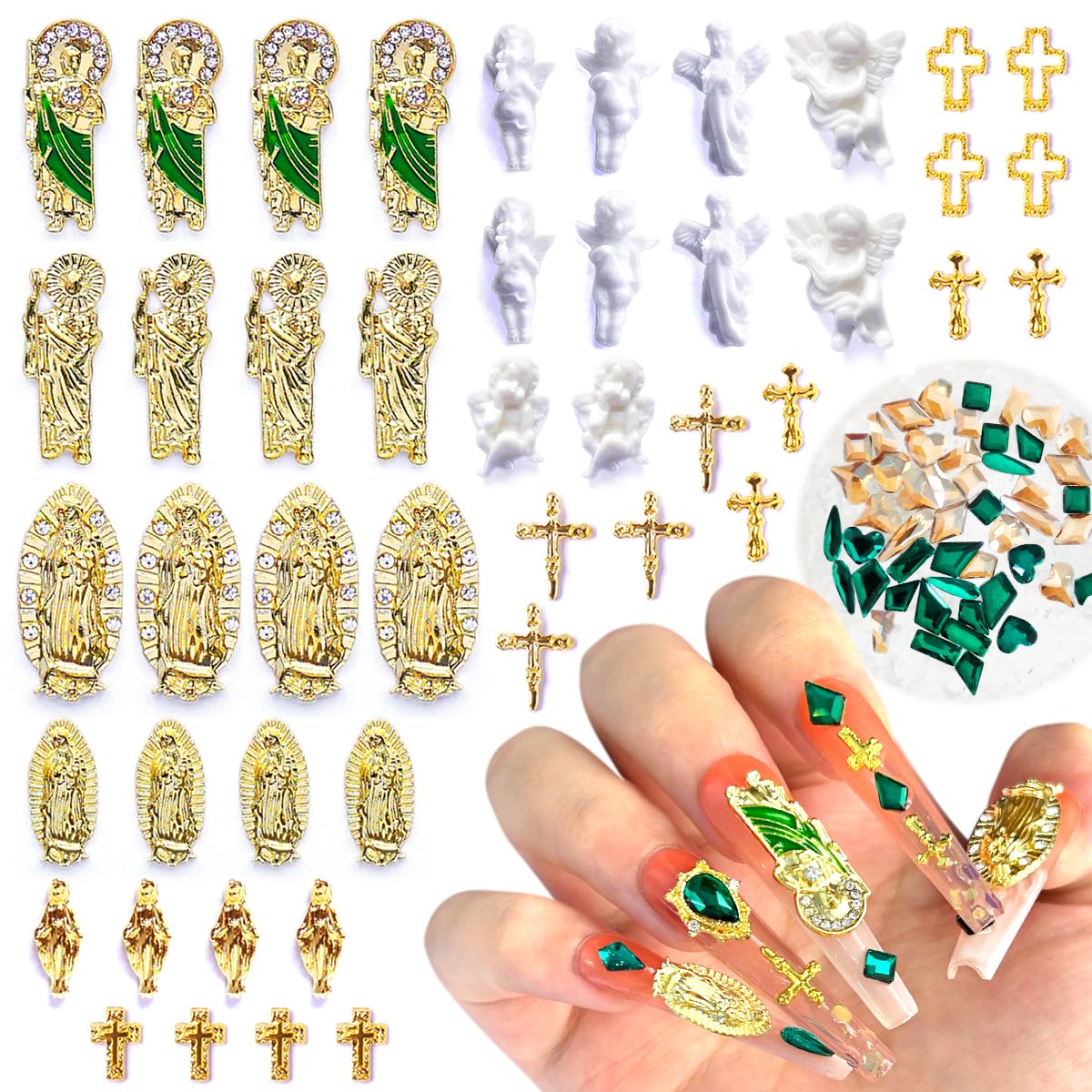 San Judas Virgin Mary Cross 3D Nail Charms Angel Gold Alloy Metal Rhinestones for Acrylic Nail Art Religious Gems Jewels Vintage Manicure Accessories