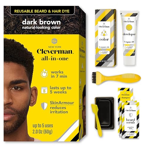 Reusable Hair & Beard Dye for Black Men - Dark Brown 3.1 | Up to 5 Uses, 7 Minutes | Natural Gray Coverage, No-Drip Cream with SkinArmour® - Cleverman