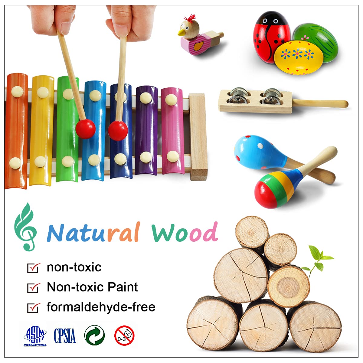 LOOIKOOS Toddler Musical Instruments – Wooden Percussion Toy Set with Storage Bag, Educational Music Toys for Kids, Boys & Girls