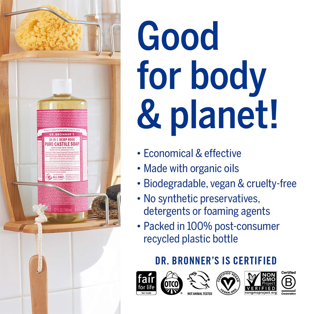 Dr. Bronner's Magic Soaps 18-In-1 Hemp Rose Pure Castille Soap, 32-Ounce Bottles