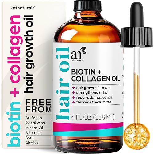 artnaturals Biotin Collagen Hair Oil 4.0oz - Growth Promoting Volumizing Formula - Reduce Hair Loss, Strengthens and Nourishes Hair - Controls Frizz