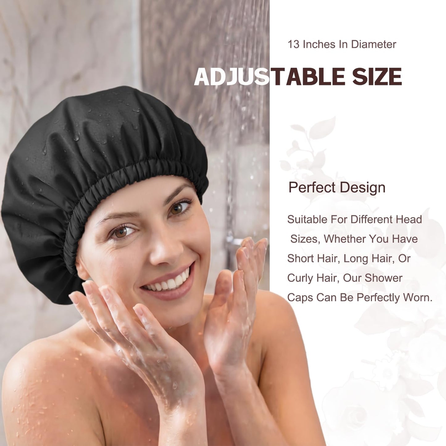 Amamba Shower Caps, Silk Lined Shower Cap for Women,Reusable,Adjustable Size, Washable & Waterproof,Large Satin Shower Cap-Black