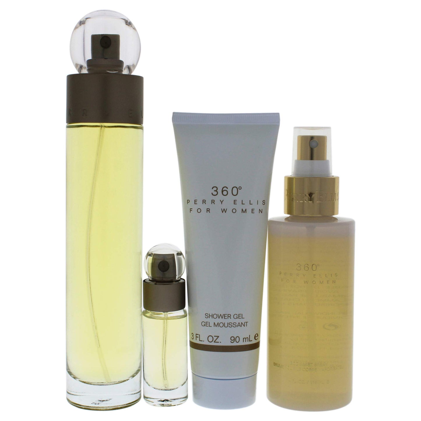 Perry Ellis 360 Women 3.4oz EDT Spray, 4oz Body Mist Spray, 3oz Shower Gel, 0.25oz EDT Spray 4 Pc Gift Set