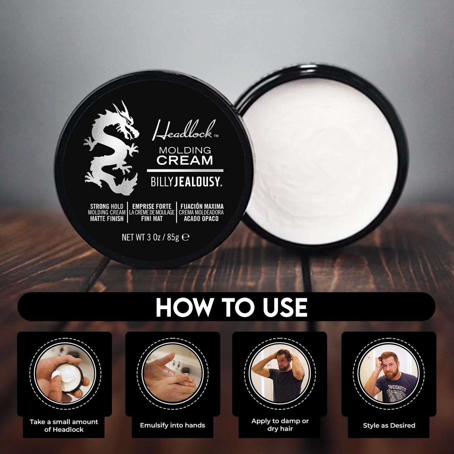 Billy Jealousy Headlock Hair Molding Cream, Hair Styling Cream for Men with Strong All-Day Hold, Natural Matte Finish Styling Agent for All Lengths, 3