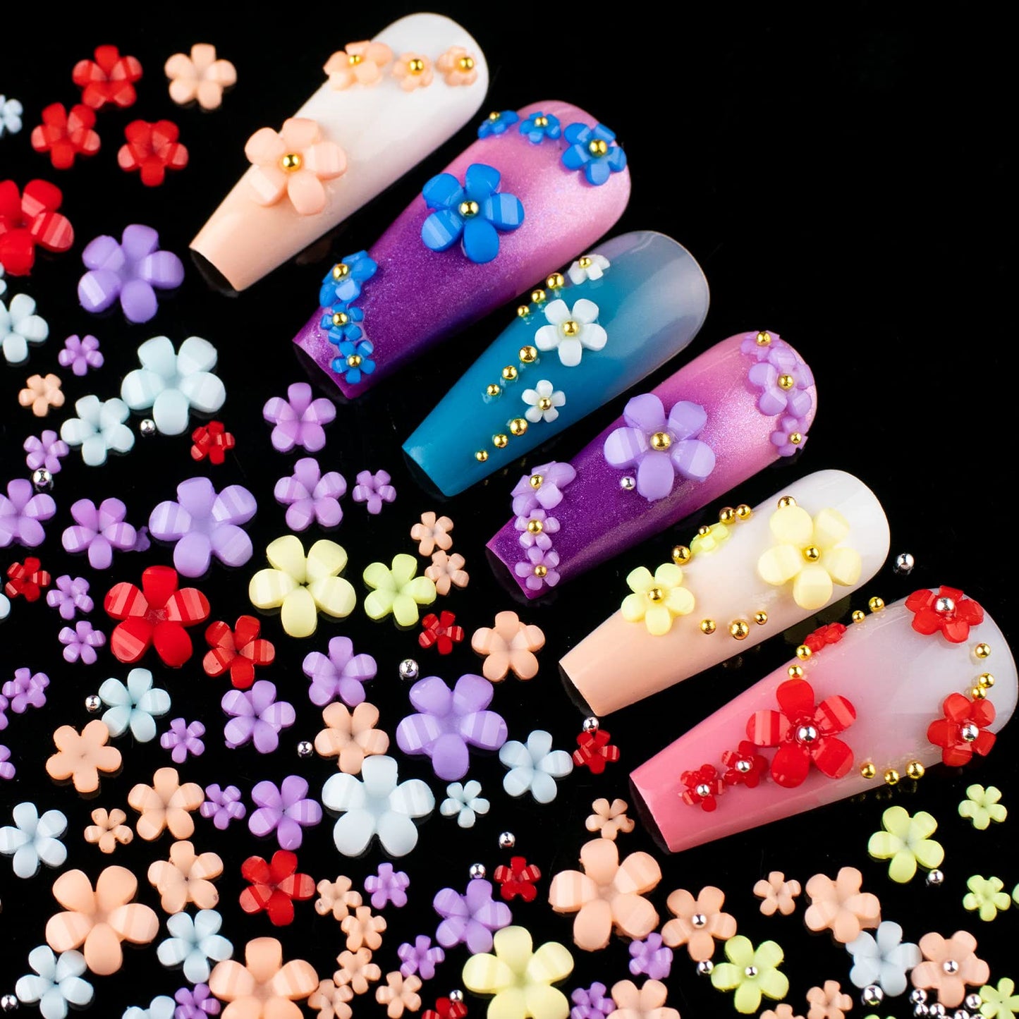 3D Flowers for Nails Art Colorful Charms Kit #2 with Caviar Beads, Blossom Rhinestones Crystal Pearls Acrylic Studs DIY Design Manicure Accessories