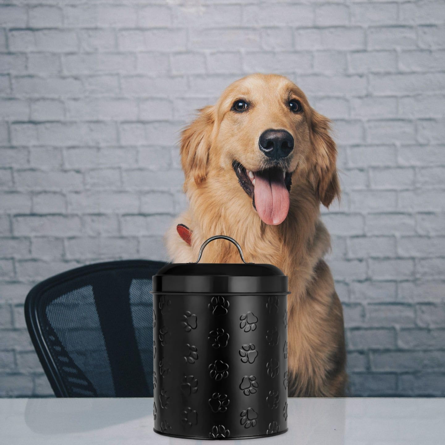 Amici Pet Puppy Paws Black Metal Canister with Embossed Paw Design - Large 140 oz Airtight Food Storage Jar for Wet or Dry Pet Foods - (8" H x 6" W)…