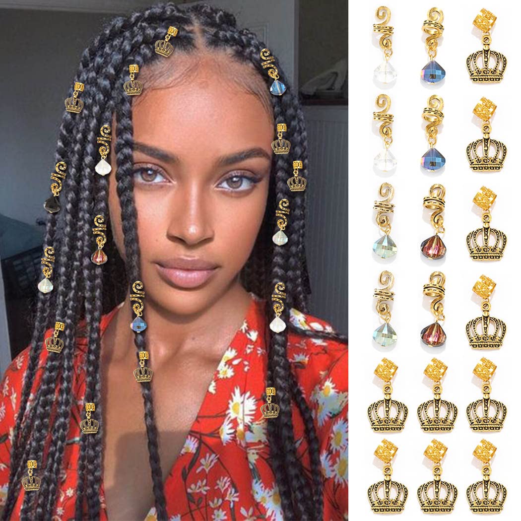 Formery Crystals Loc Jewelry for Hair Gold Crown Coiling African Dreadlock Cuff Accessories Spiral Braid Jewels for Black Women (18PCS)