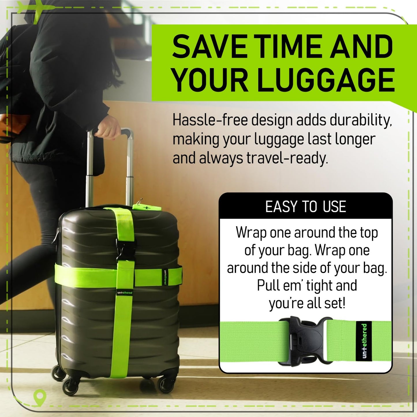 Untethered TSA Approved Luggage Straps – 4 Pack Adjustable Suitcase Belts with Heavy-Duty Buckles for Secure Checked Bags & Travel