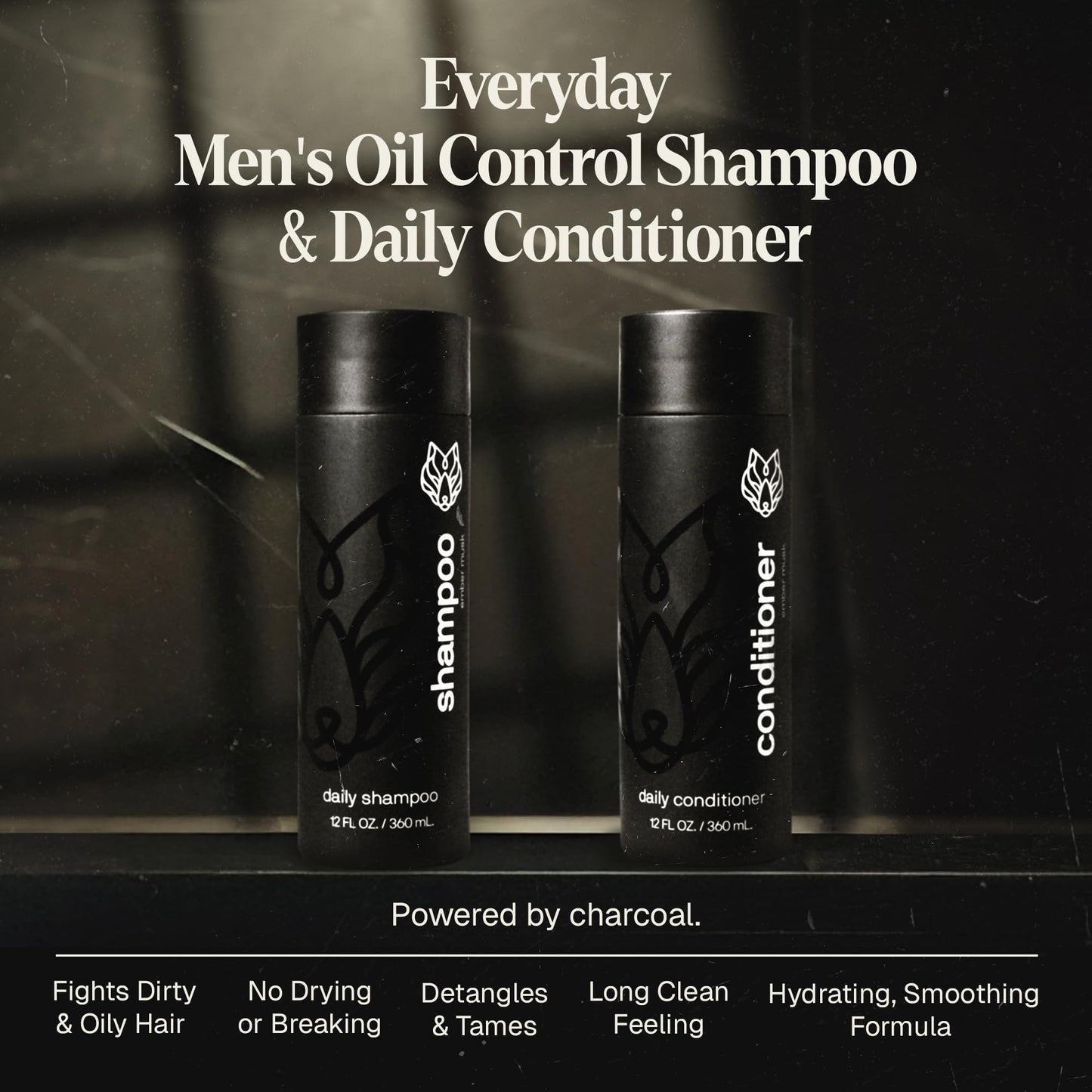 Black Wolf Mens Shampoo & Conditioner Set for Oily Hair - Oil Control Shampoo with Moisturizing & Deep Cleansing Formula - Conditioner for Soft