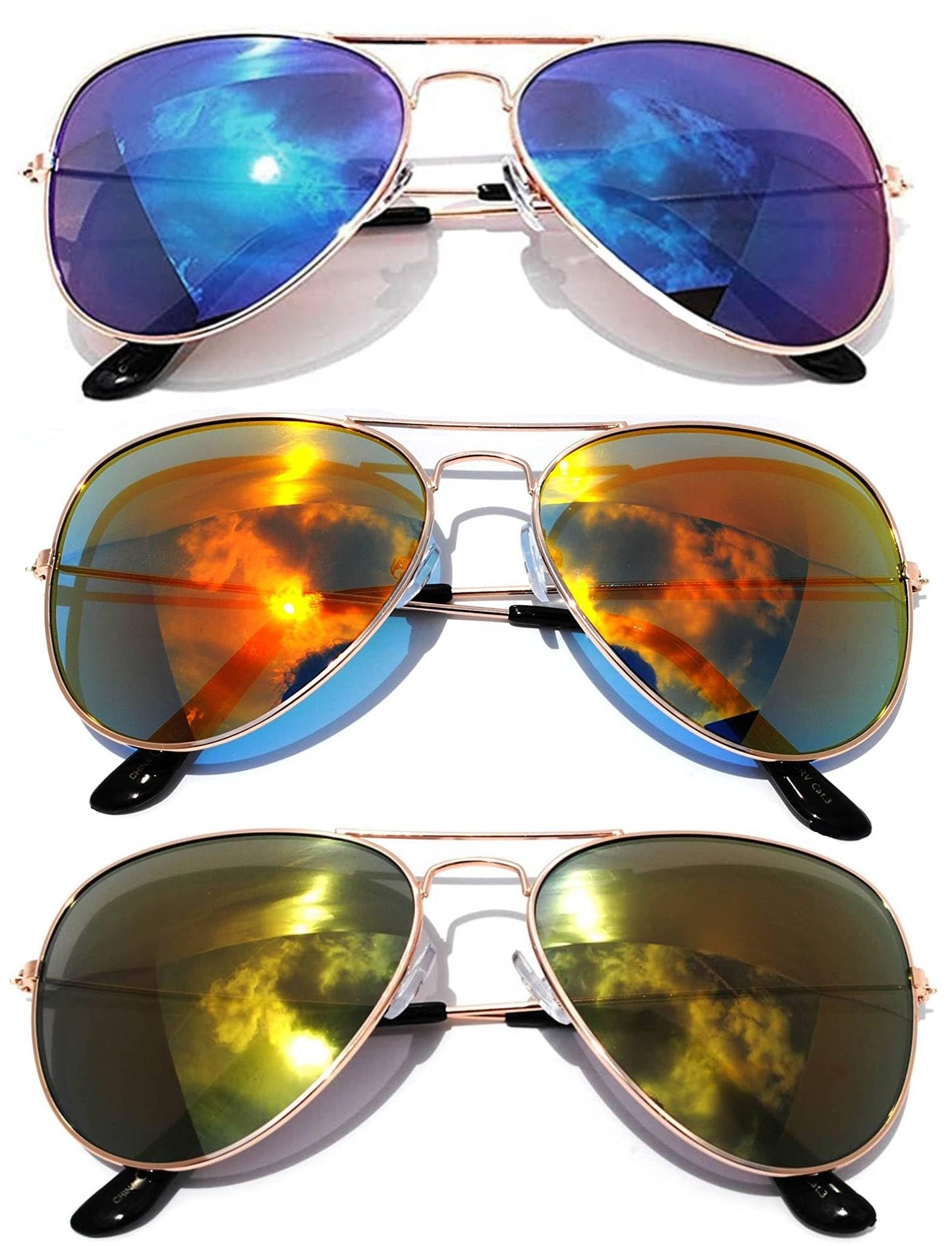 Classic Aviator Sunglasses Mirror Lens Gold Color Frame 3 pairs