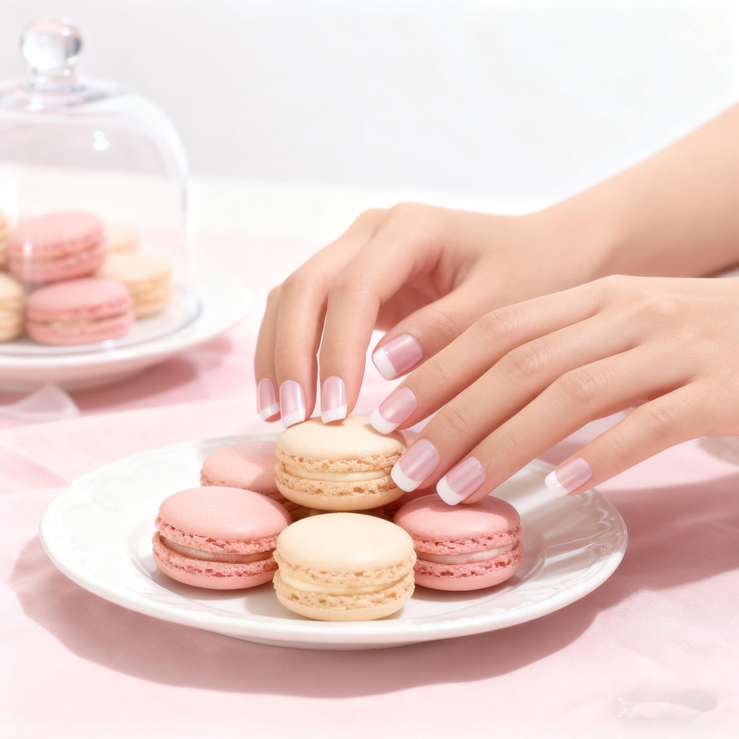Elevenail Summer Nails Glossy Pearl Pink White French False Nails Short Squoval Press on Nails Fake Salon Manicure Faux Ongles Reusable Nail Art Tips